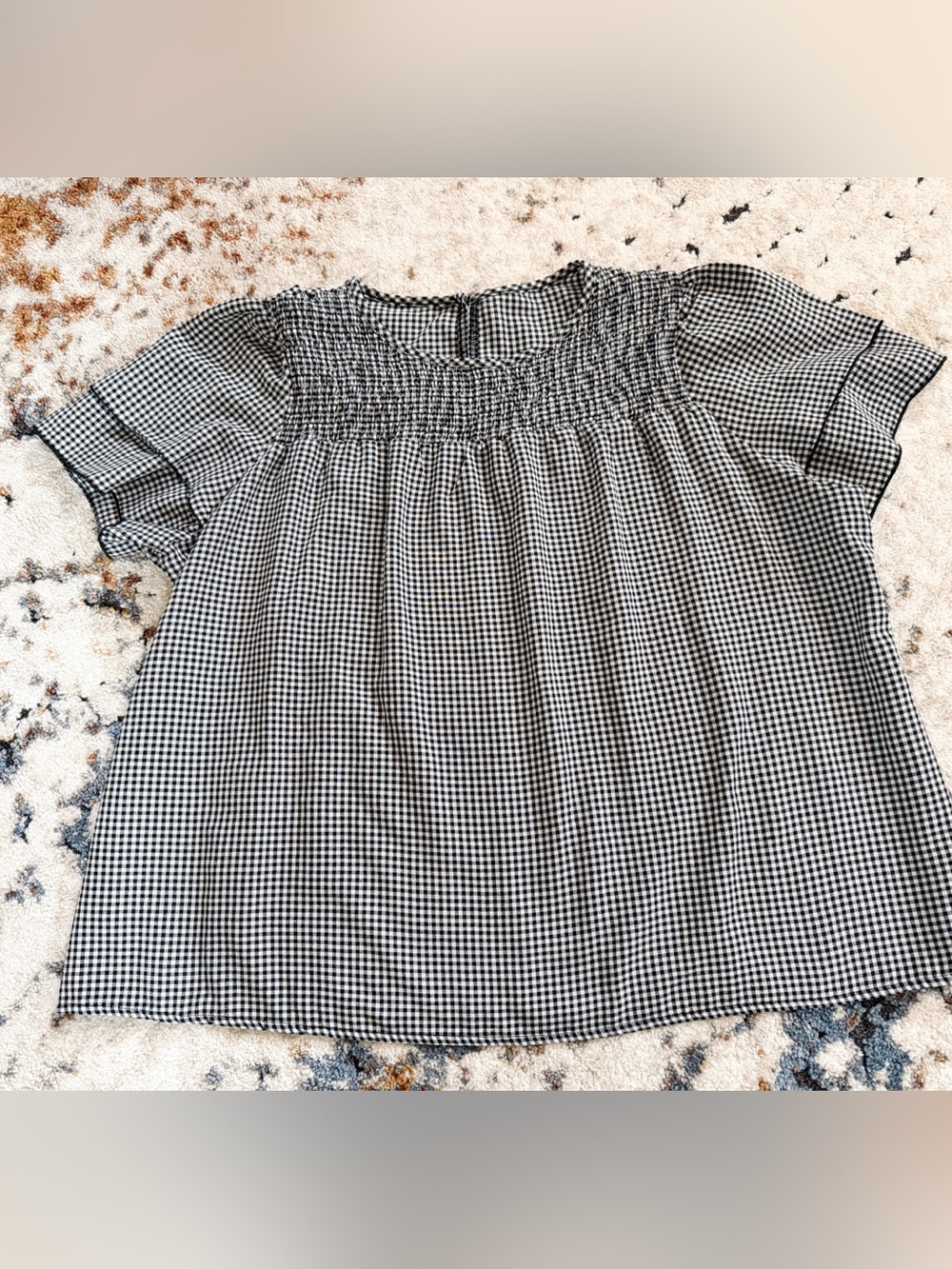 Black and White Gingham Women’s 2XL Flutter sleeve top  - Classic Smocked Neck